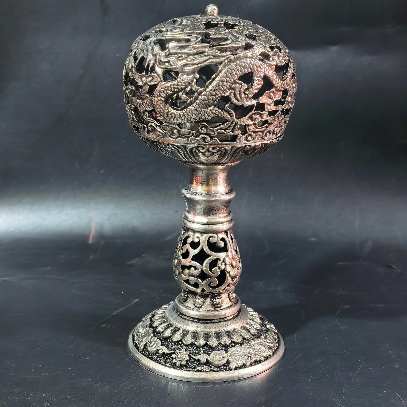 Antique Openwork Double-Dragon Censer, Gilded Tibetan Silver Ornament