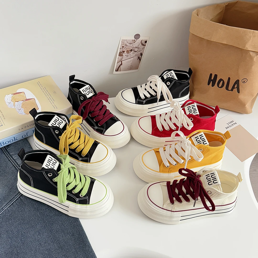 Women's High Top Thick Bottom Canvas Shoes Breathable Spring New Style Student Versatile White Sneakers Casual Cross Buckle