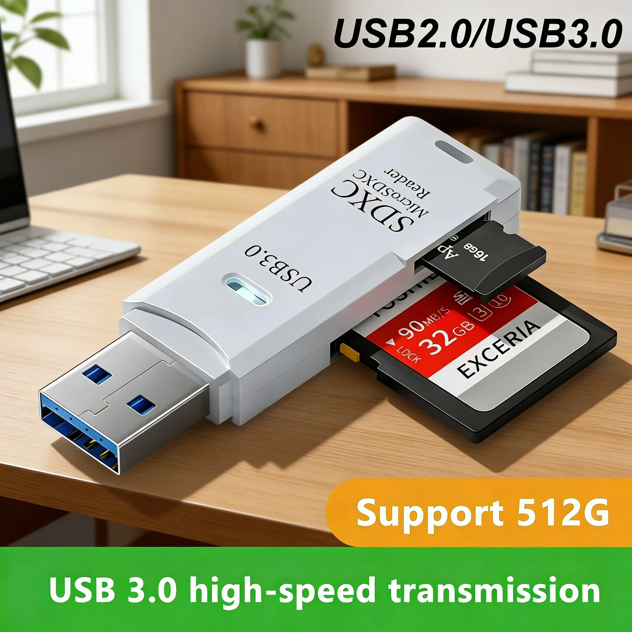 2 in 1 USB 3.0 Card Reader, High Speed Memory Card Adapter Supports SD & TF Cards, Portable Smart Card Reader for Laptop Desktop