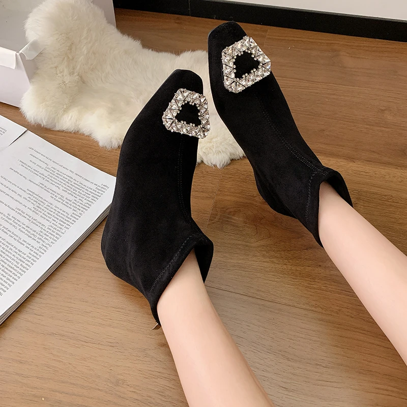 

Women Fashion Goth Ankle Boots Autumn 2025 Luxury Brand Crystal Suede Women Shoes Low Heels Elegant Dress Work Snow Botas Mujer