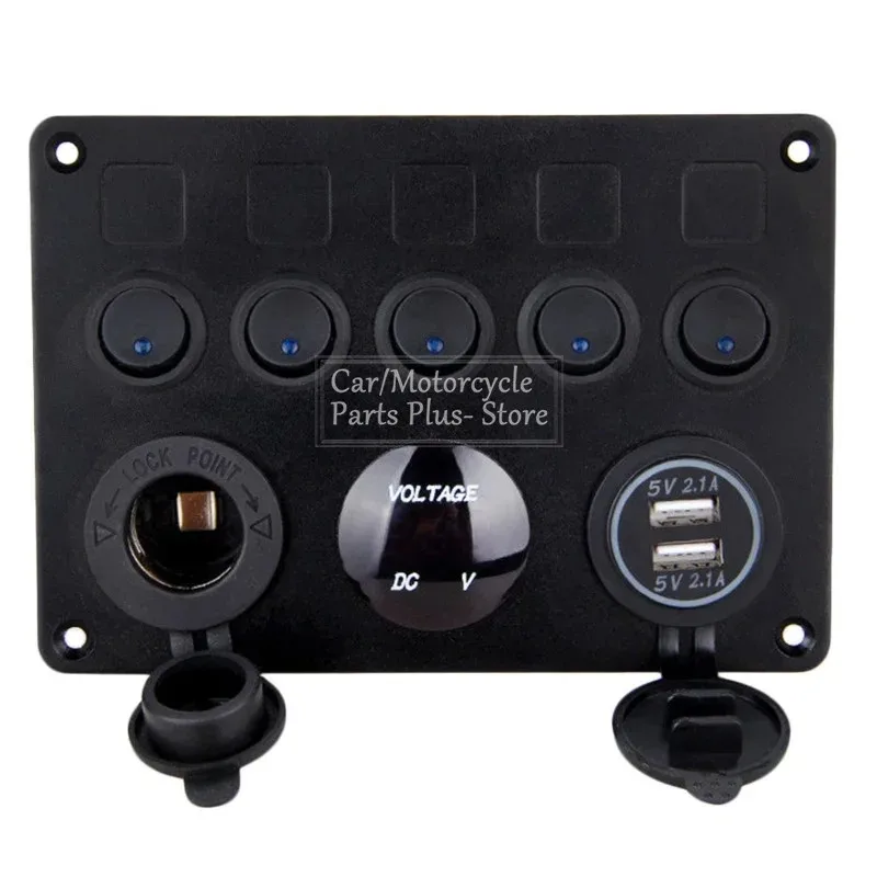 12V/24V 5 Gang Switch Control Panel LED Rocker Car Boat Marine 2 USB & Voltmeter 15A Fuse Protection Rocker Control Panel