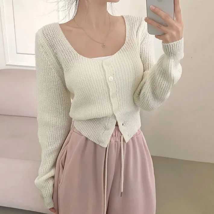 

Женский вязаный кардиган из полиэстера с квадратным вырезом, однотонный, повседневный, приталенный, на раннюю весну 2026 года