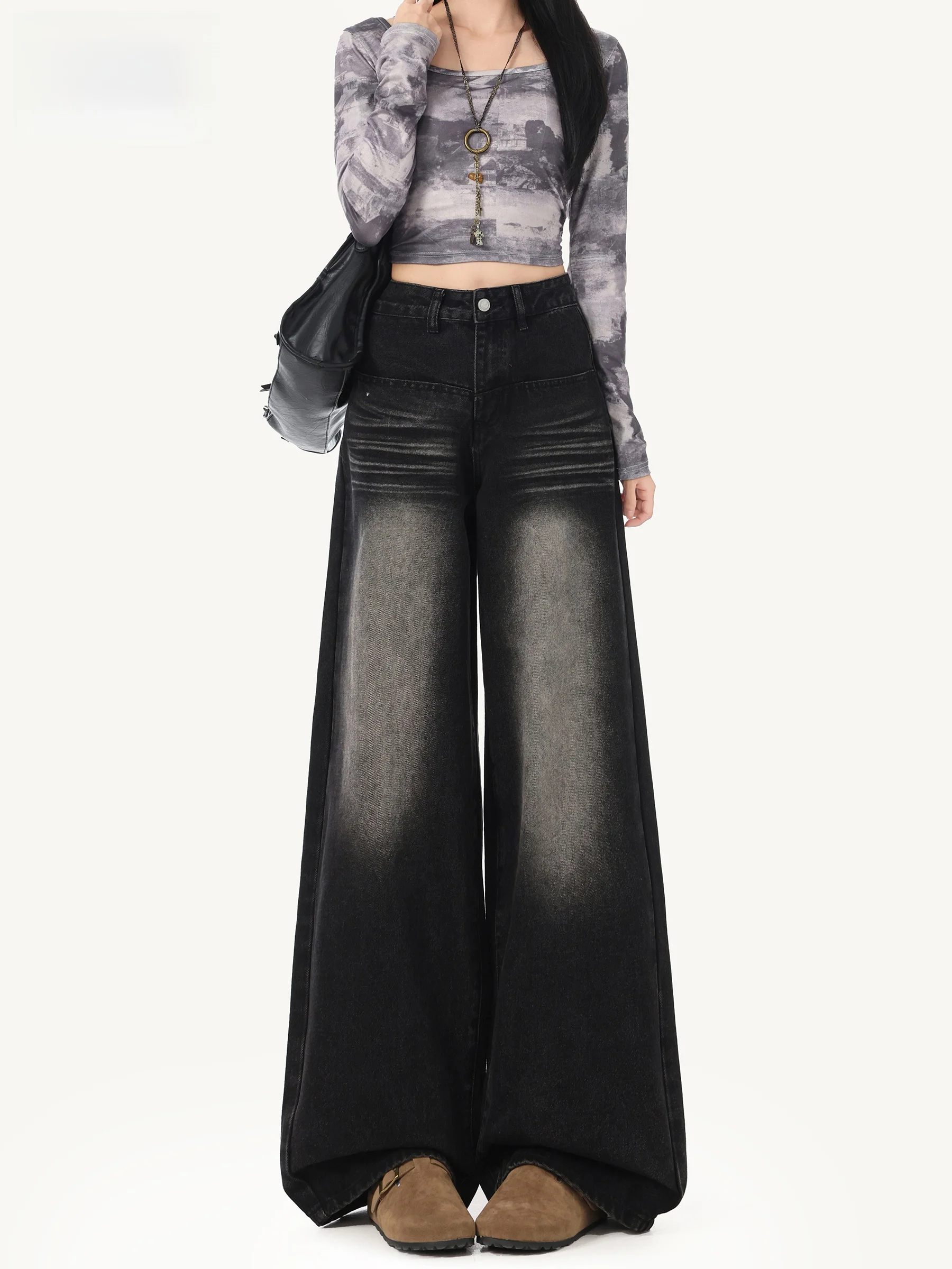 

Джинсы женские черные с высокой талией, широкими штанинами, в американском стиле, свободные, прямые, струящиеся, в пол, осенняя новинка