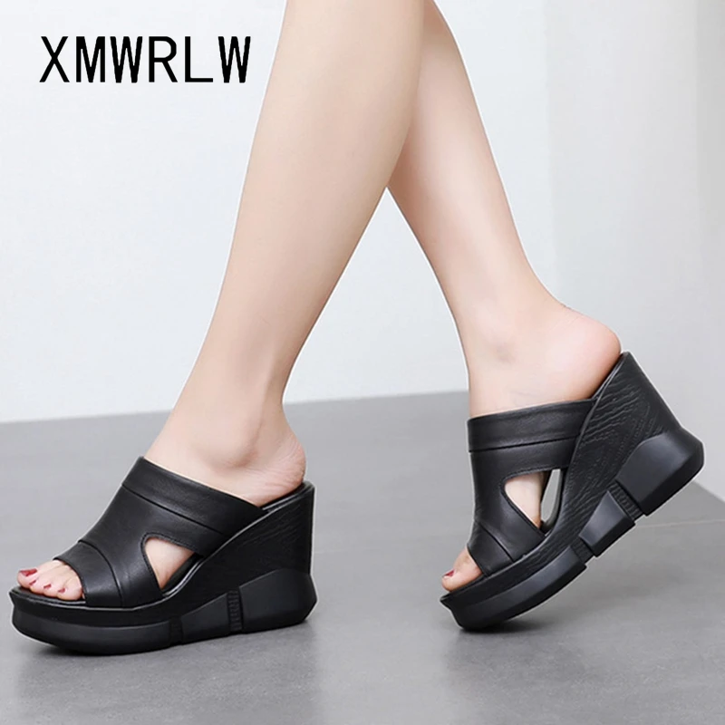 

XMWRLW Genuine Leather High Heels Slipper Women Summer Shoes Non-Slip Ladies Slippers 2022 Summer Women Slippers Plus Size 41