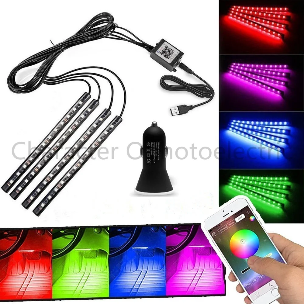 Phone Bluetooth Wireless Remote  Voice Control Colorful 12 LED Car Interior Light RGB Neon DC12V  APP control and dimming of mob