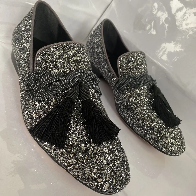 Plus Size Silver Italian Glitter Loafers Mens Sequin Shoes Men Tassel Dress Wedding Shoes Classic Loafer Formal Shoes