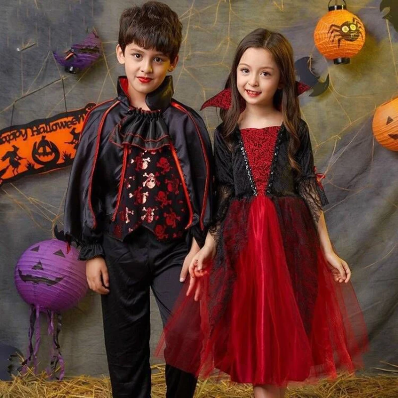 Baby Girls Halloween Witch Costume Children Cosplay Vampire Princess Dresses Kids Dress Up Clothes With Hat Carnival Party Gift