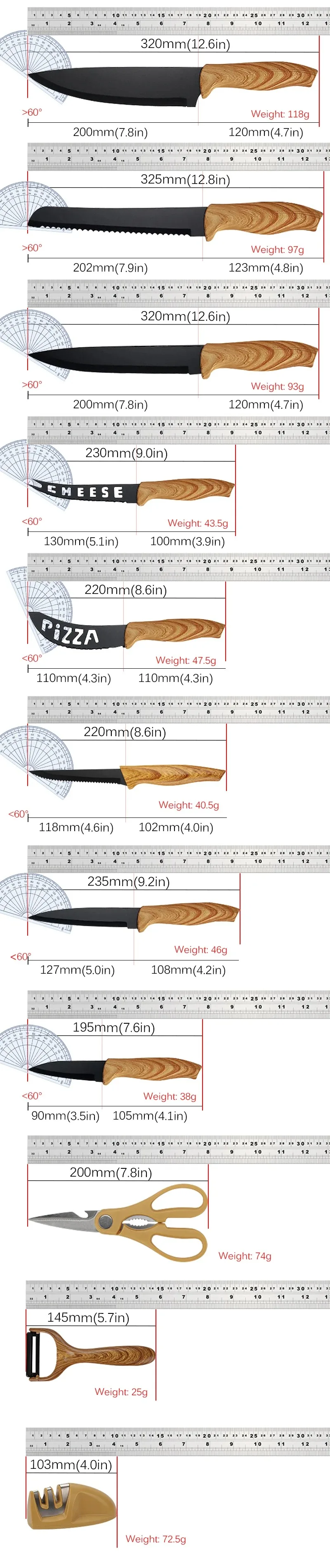 Imagem -02 - Cozinha Chef Knife Grupo Tesoura Pizza Queijo Bife Descascador Carne Cutelo Suporte de Faca Afiador Talheres 17 Pcs Aço Inoxidável