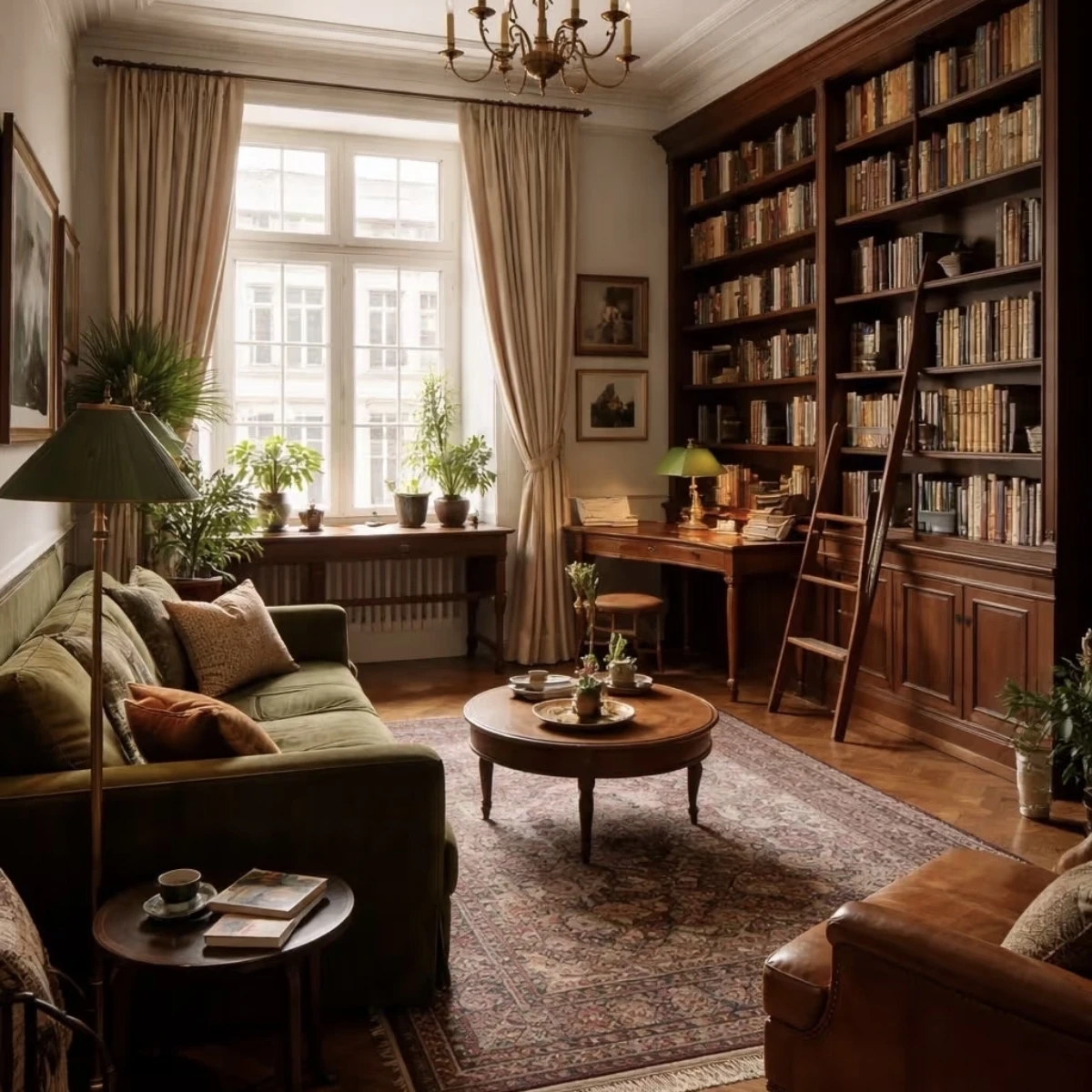 Bespoke Whole House Customization Study Room Bookcase Wall to Wall Large Storage Wooden Bookcase with Integrated Desk Ladder
