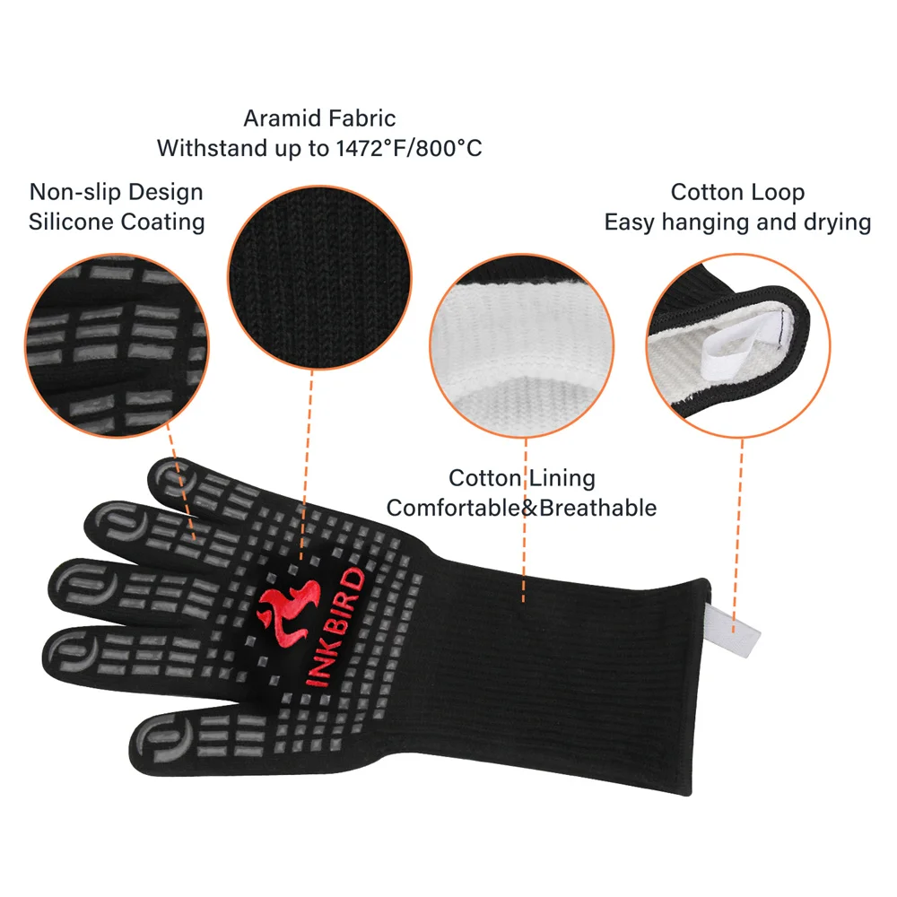 INKBIRD Hot 14inch BBQ Grill Gloves 1472℉ Extreme Heat Resistant Grilling Glove Non-Slip Silicone Insulated Grill Mitts for BBQ