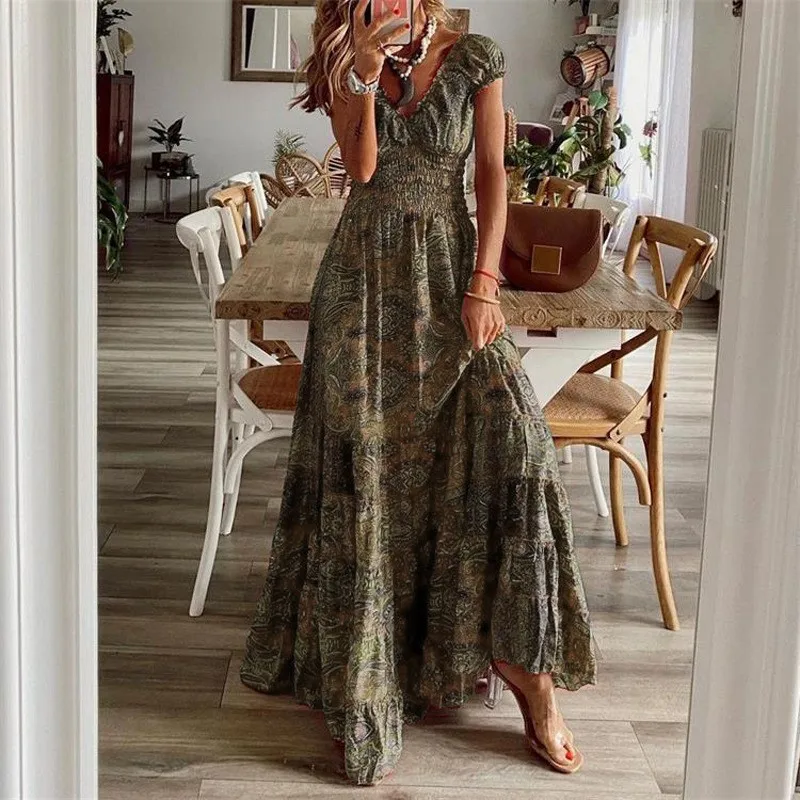 Boho Fashion Print Long Dresses For Women Summer Vintage V-neck Short Sleeve Elastic Waist A-line Big Swing Vacation Dress Robe