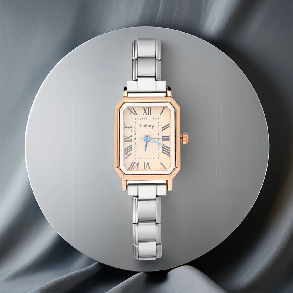 Элегантные женские прямоугольные часы с римскими цифрами, розовое золото и серебро, нержавеющая сталь, винтажный стиль и повседневные модные украшения