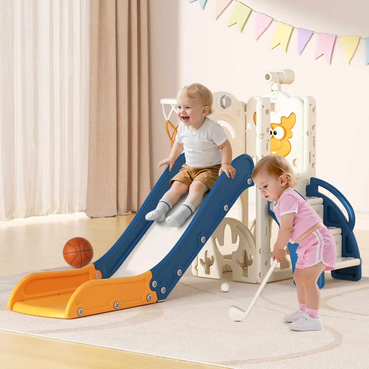 

6-in-1 Toddler Slide Playset with Basketball, Golf & Telescope for Indoor Outdoor Fun, Blue&Yellow