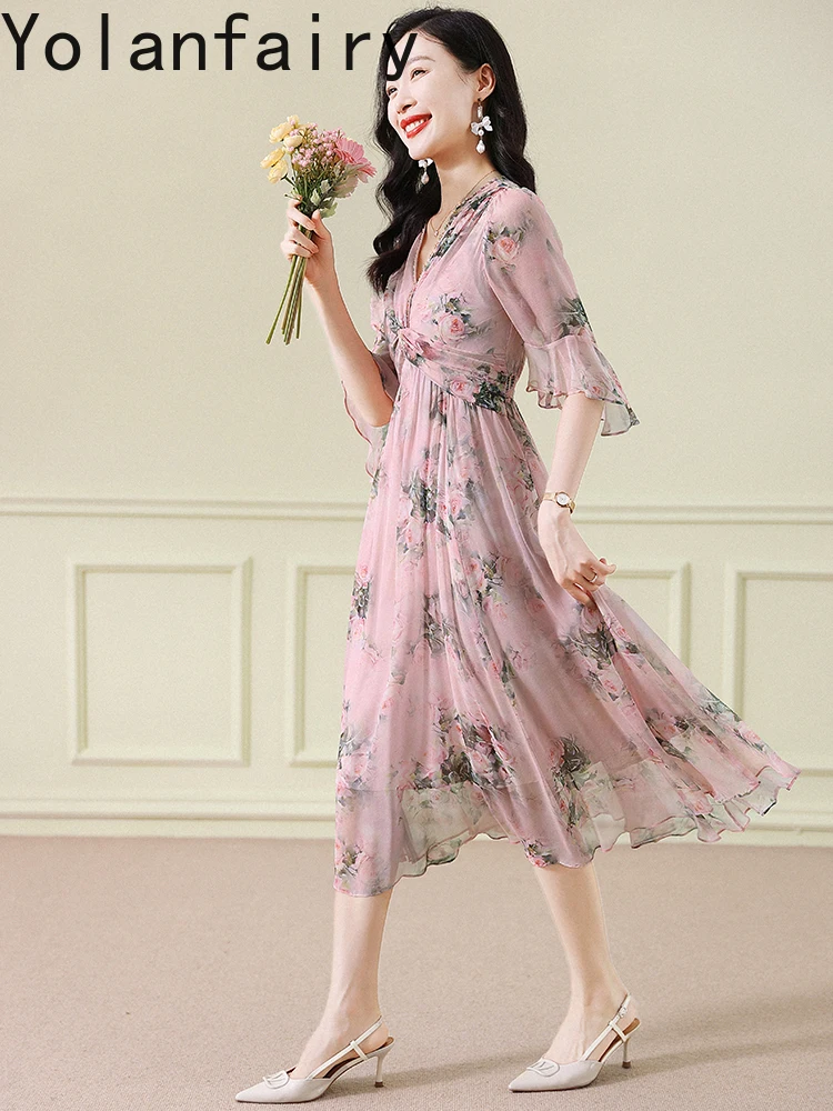 YOLANFAIRY 100% vera seta di gelso abito donna dolce ed elegante abiti da vacanza abbigliamento donna abito lungo floreale maniche svasate
