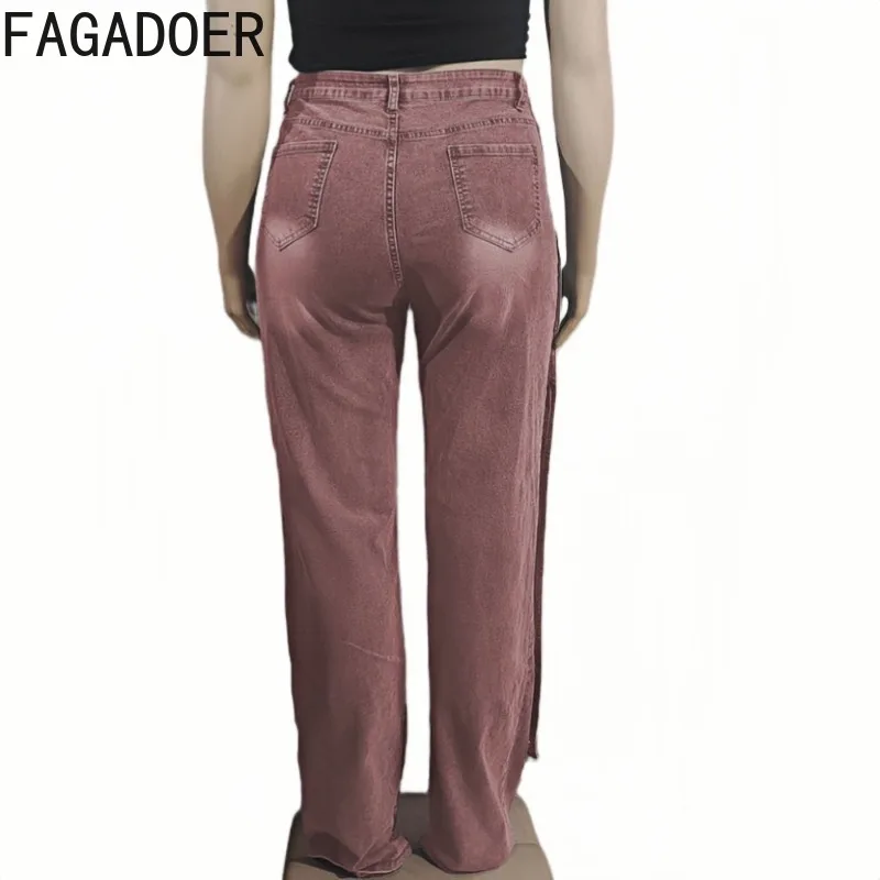 FAGADOER High-quality Fashion Wine Red Straight Leg Denim Pants Women High Waist Irregular Patchwork Jeans Female Bottoms New
