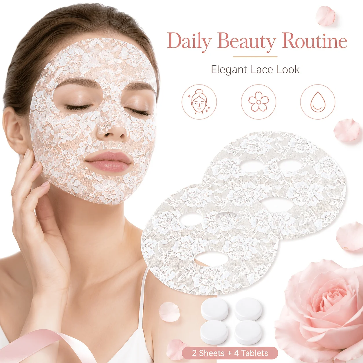 6pcs Set （2 Lace Sheets and 4 Compressed Mask Tablets） for Beauty Routine
