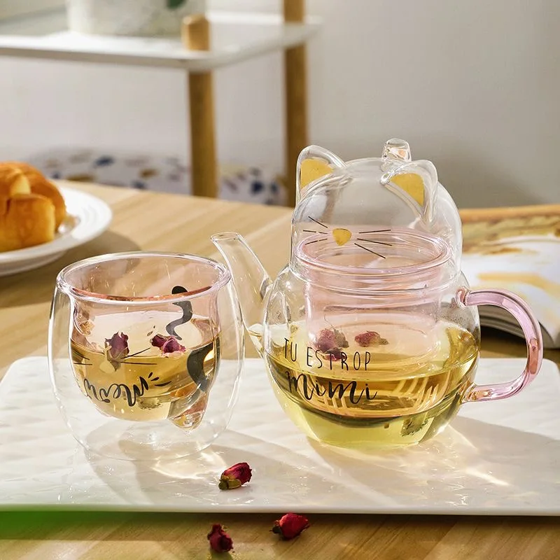 Pink Cat Teapot High Temperature Resistant Glass Tea Kettle Cute Teapot Mug English Style Tea Set