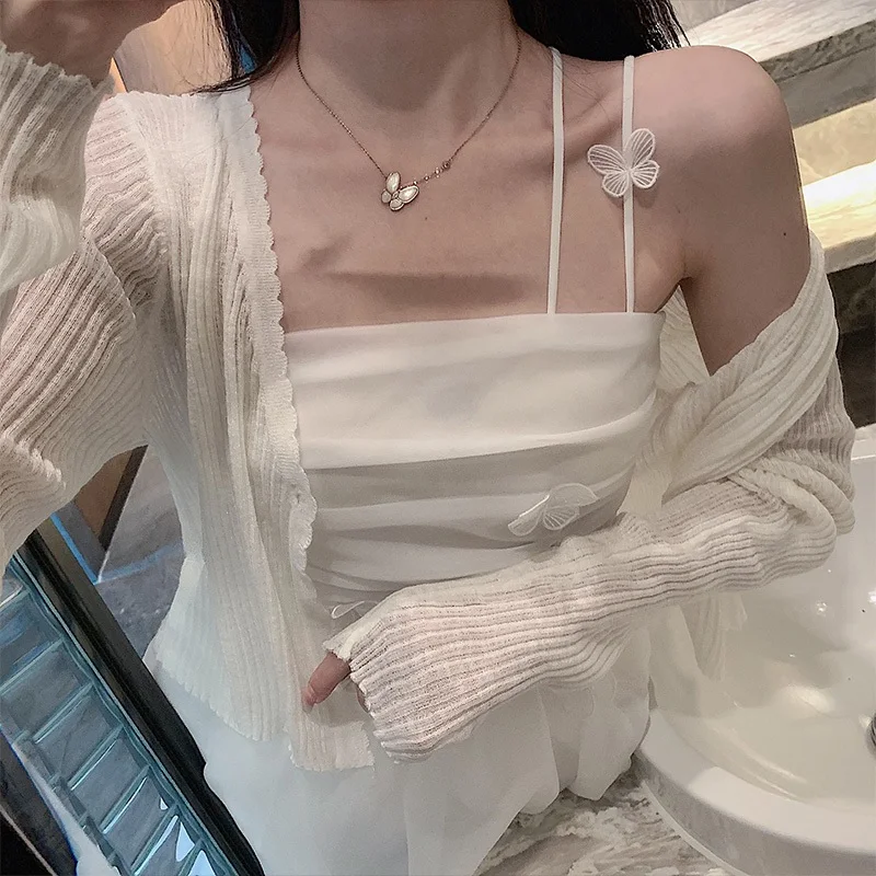 

Sun Protection Light Weight Knitted Ice Silk Cardigan Women's Summer Outerwear with Strap Vest Top BM Style Short Sleeve Long...