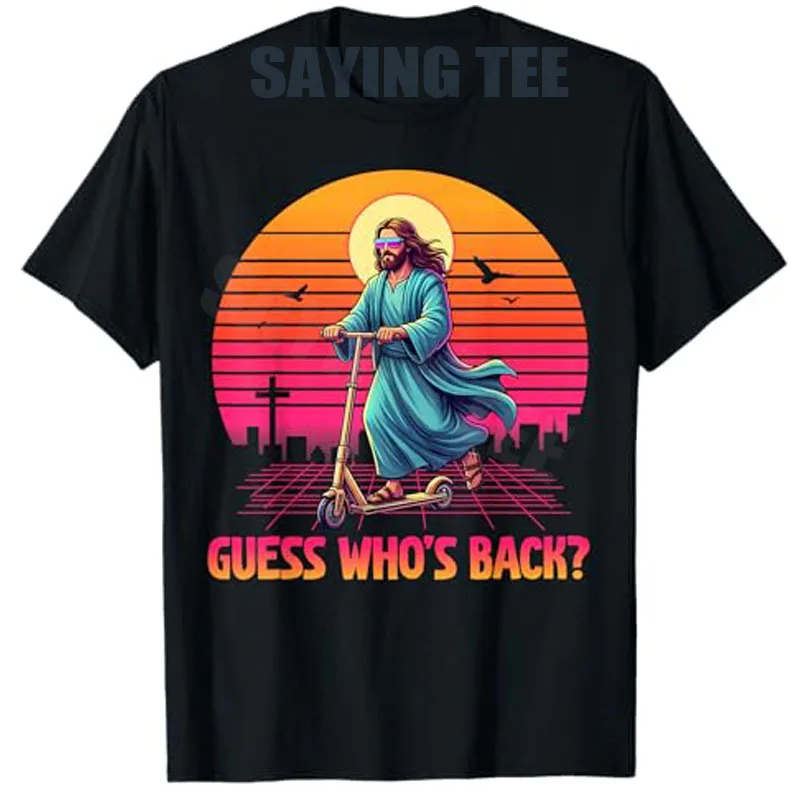 Camiseta divertida religiosa de Pascua con la frase 'Adivina quién regresó Jesús' para hombres y mujeres, estilo Y2K, con gráfico humorístico de Jesús en scooter, regalo novedoso.