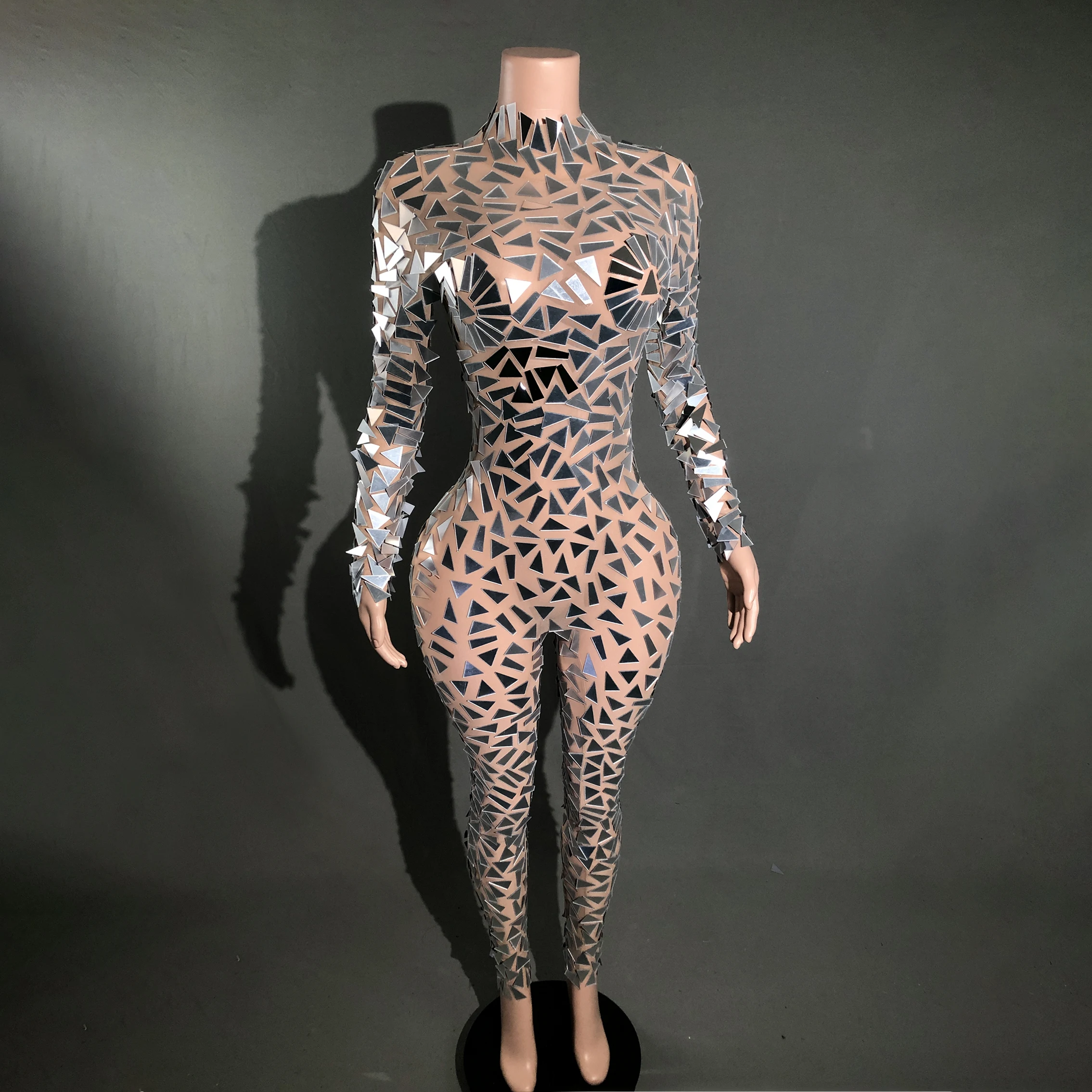 

see through sheer fabric jumpsuit long sleeved pants lens high collar hanging neck stage performance costume