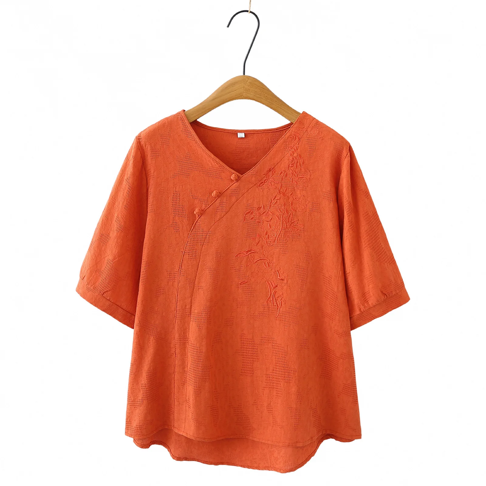 

2026 Summer Plus Size Chinese Style Jacquard T-Shirt Women V Neck Short Sleeve Retro Casual Tops For Curvy Ladies 8029