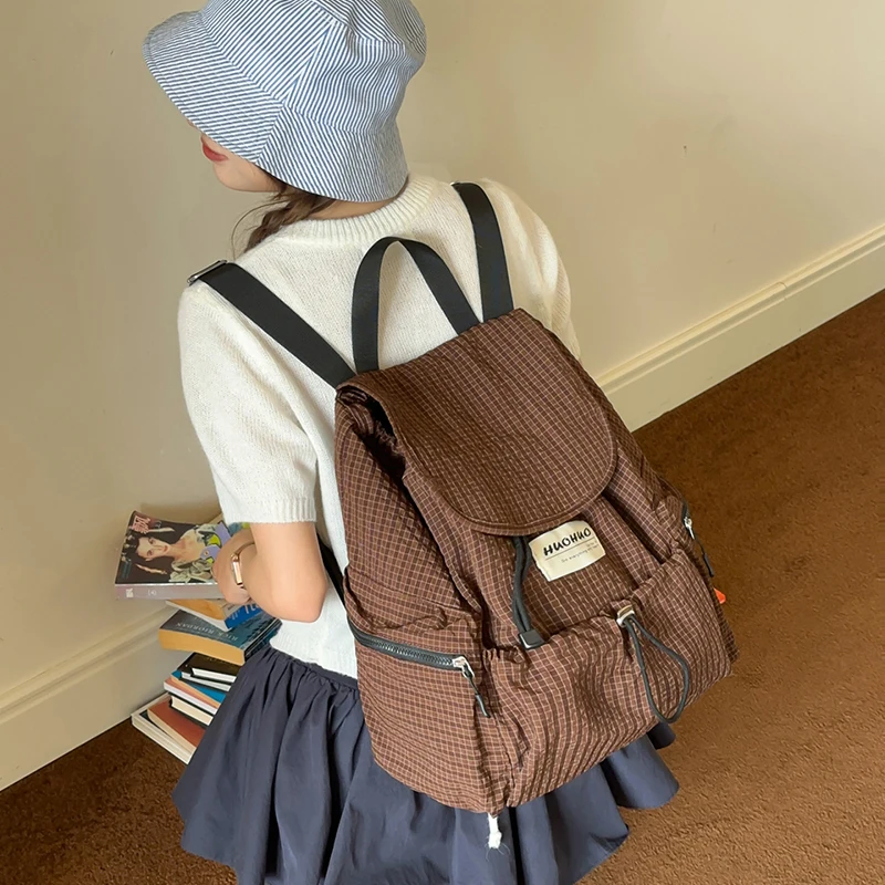 Fashion Plaid Minimalist Backpack Large Capacity Multi-Pocket Casual Student School Bookbag Vintage Checkered Travel Daypack