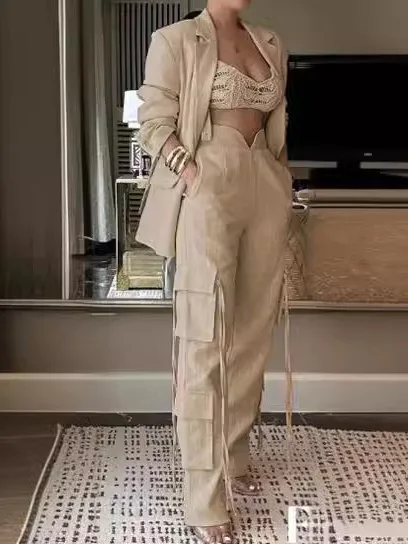 

Моющийся свободный повседневный комплект рабочей одежды, длинные брюки с высокой талией и поясом, летняя коллекция для женщин 25-35 лет