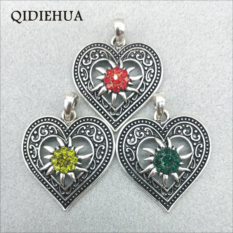 3pcs/Lot 47*38mm Bohemia Vintage Silver Carved Flowers Pendant Necklace DIY Jewelry Making Multicolor Heart Edelweiss Charm