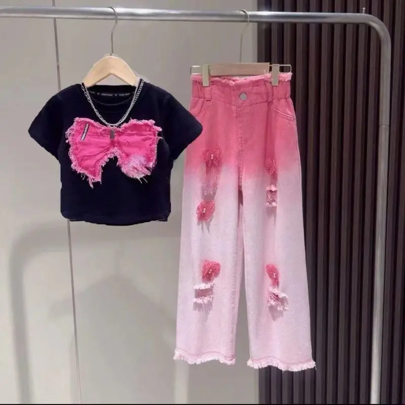 Girls' Summer short sleeved set Children's Fashion bow design T-shirt&ripped Jeans two-piece outfit Kids Clothing