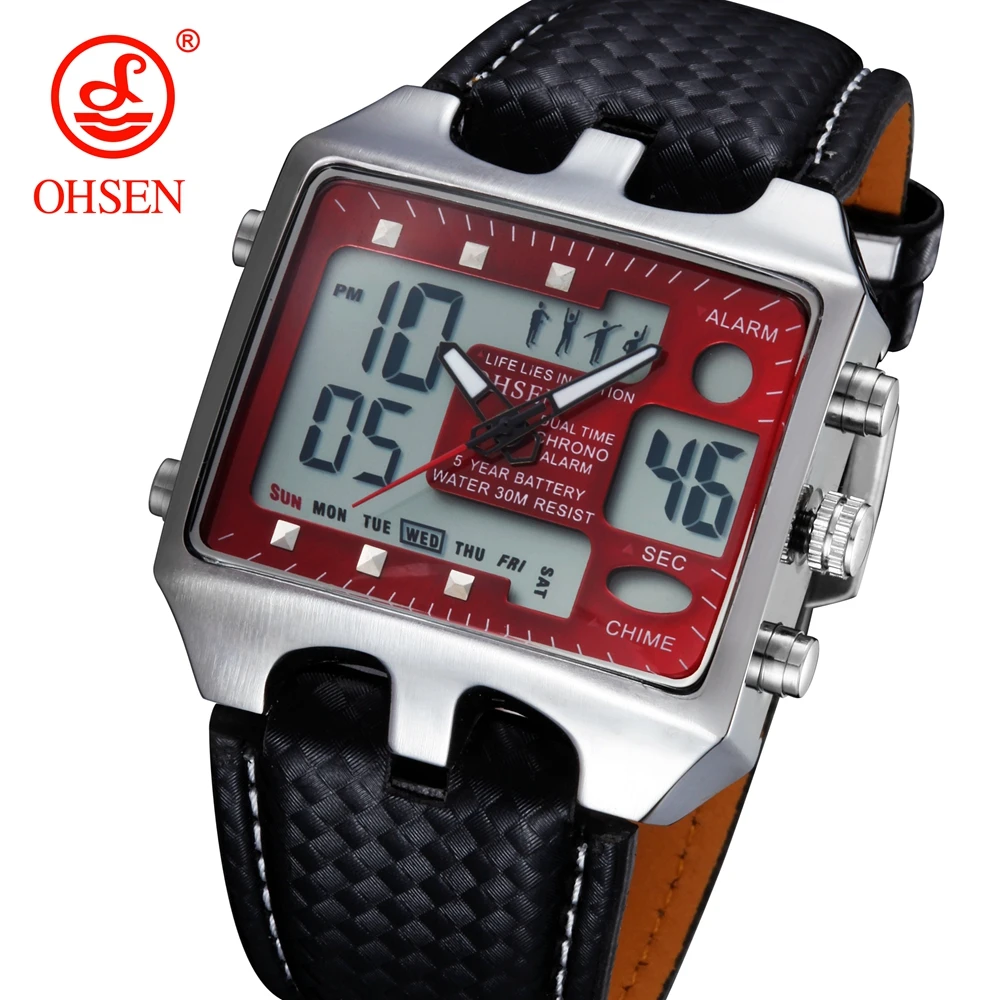 OHSEN Dual time man quartz Watch leather strap fashion Red military Men\'s Wristwatch Outdoor sport Waterproof male clock Gift