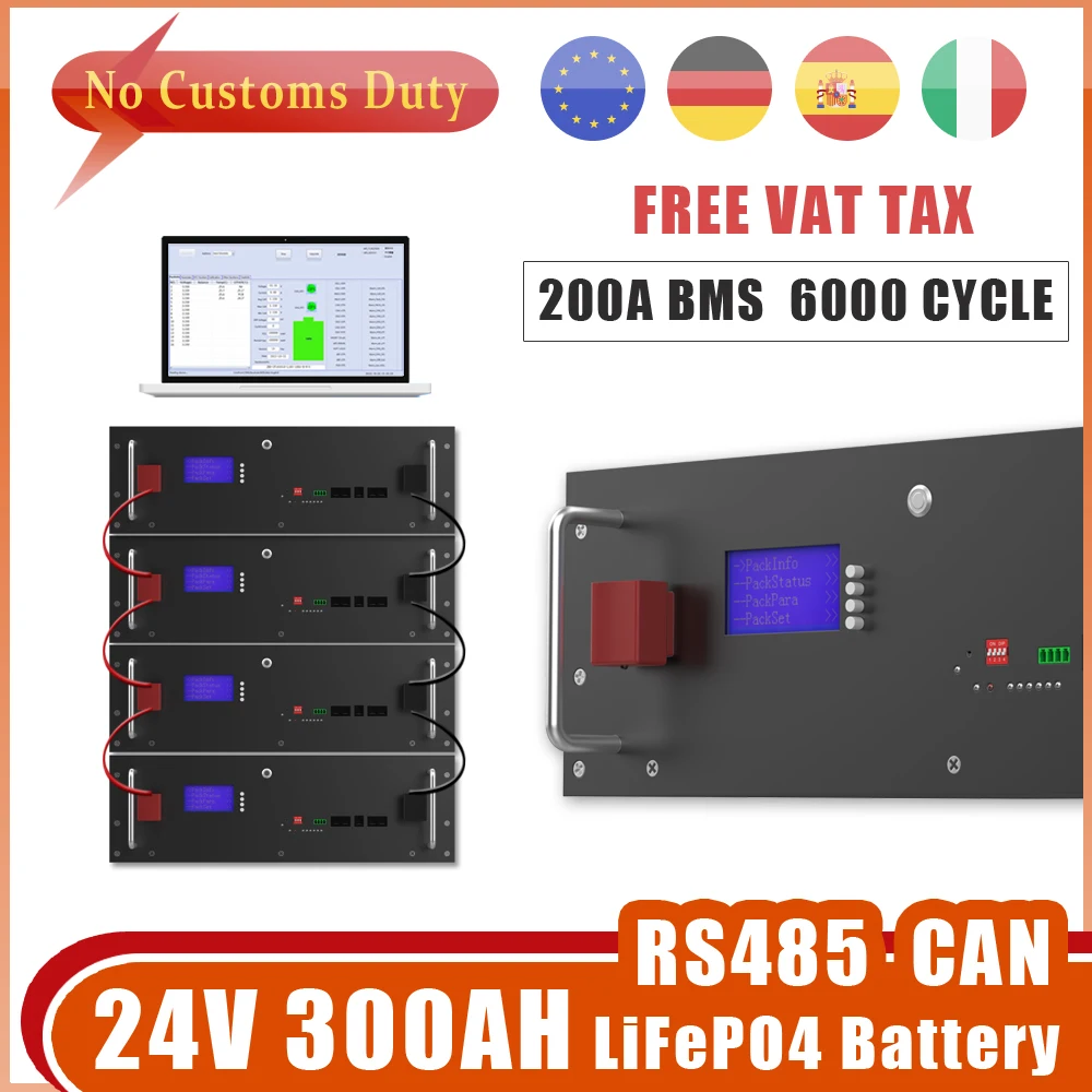 

24V 25.6V 300AH LiFePO4 Battery 5120Wh 7680Wh RS485 CAN 8S 200A BMS 6000+ Cycle For Storage Solar Home Solar Inverter No Tax