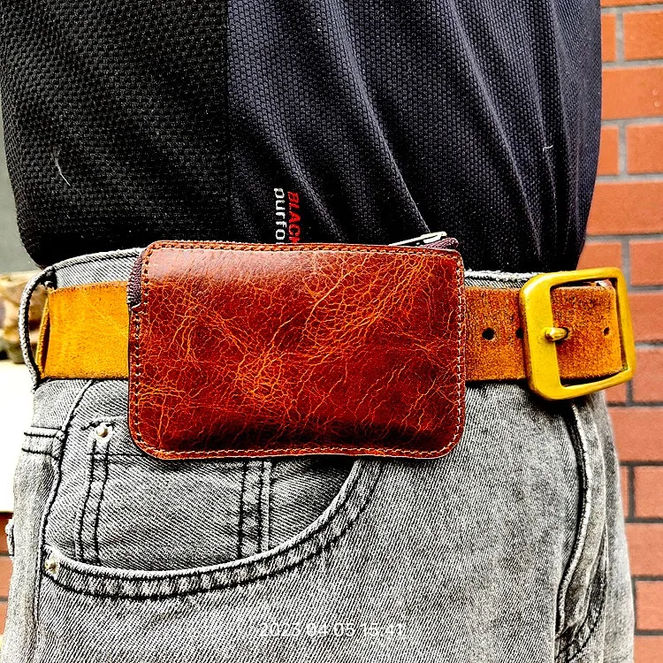 Mini Zipper Waist Bag Leather Belt Pack Small ID Card Holder Driver's license holster Passport Wallet Mobile Phone Sheath LHD