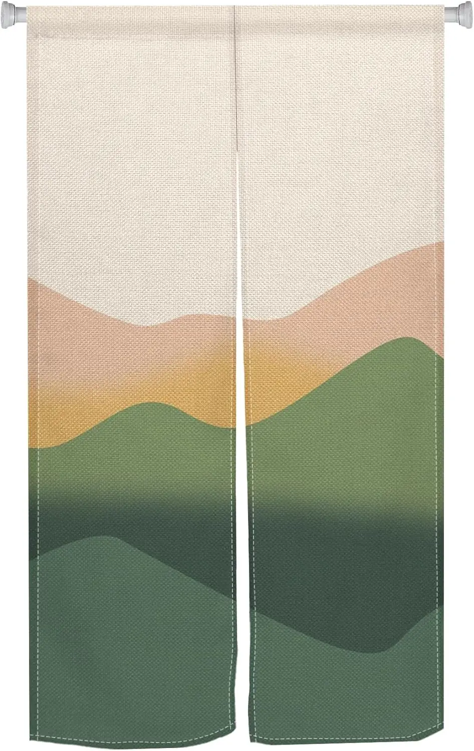 Boho Mountain Noren Curtain, Beige Background Layered Green & Peach Hills Design, Modern Minimalist Home Decor Room Divider
