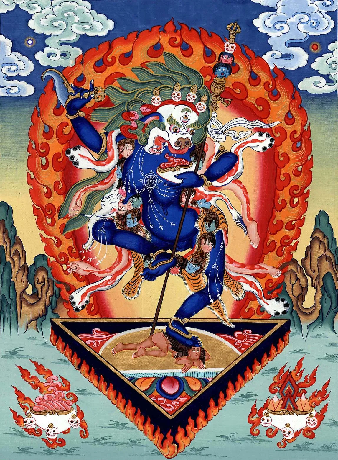 

Lion faced Dakini - Simhamukha Thangka,Gandhanra Tibetan Buddhist Thangka Art,Giclee Printed and Hand Framed,47" × 32"