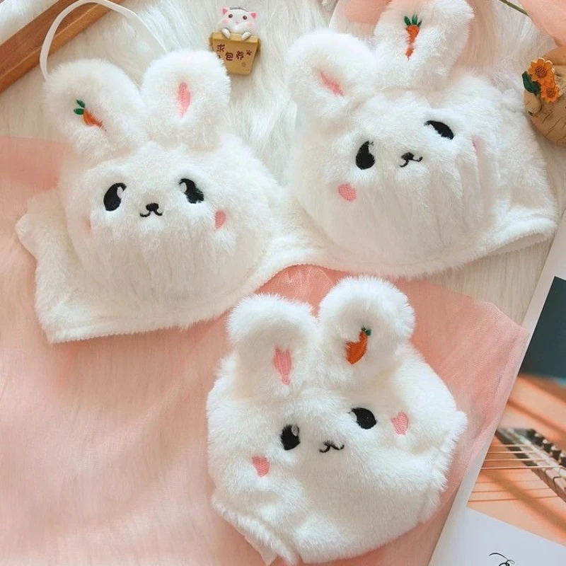 Roztomilé plyšové dámské spodní prádlo sada japonské roztomilé bez ocelových kroužků push-up podprsenka sada pohodlné a teplé spodní prádlo kalhotky oblek pro ženy - náhled 6