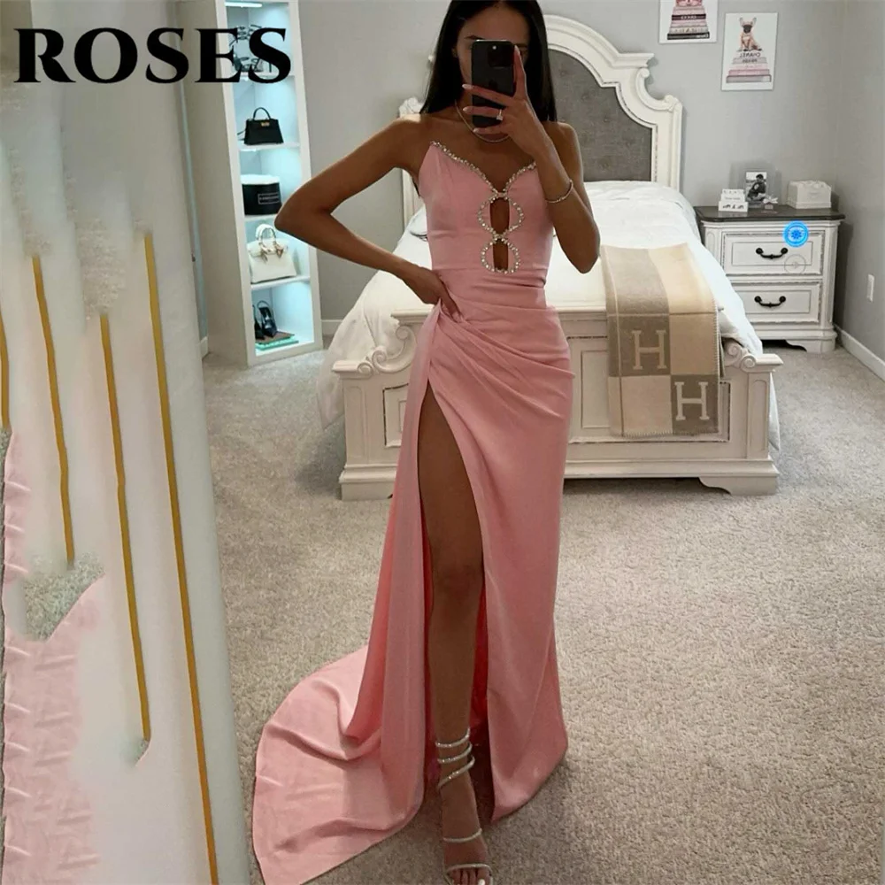 

ROSES Pink Mermaid Special Occasion Dress Sleeveless Formal Gown V-Neck Pleats Evening Dress with High Split vestidos de fiesta