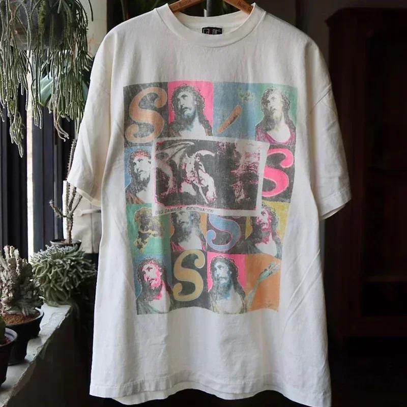 2026 Camping Trend New Stone Wash Distressed T-Shirt Minimal Tree Graphic White DTF Print Loose Travel Short Sleeve Tops
