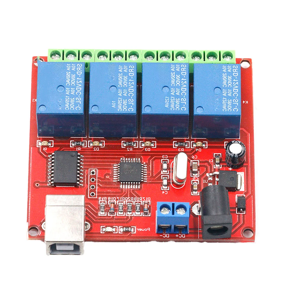 USB-Controlled 4 Channel Relay Device for Automation Systems 71.6mm x 65.3mm PCB Size ULN2803 Driver for Stable Output