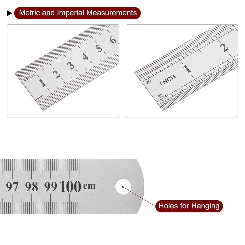 2PC Stainless Steel Ruler Metal Rulers 1.14\