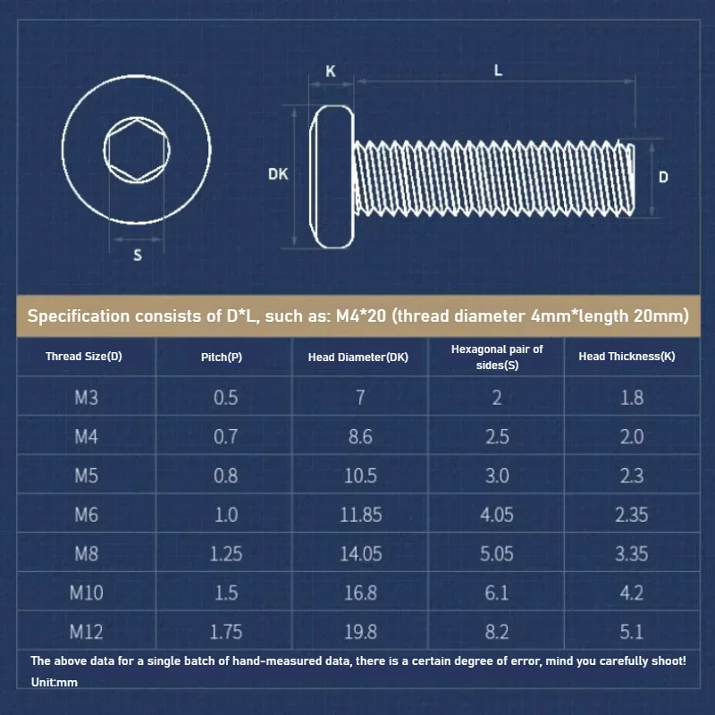 304 Stainless Steel Chamfered Flat Head Screws Round Head Beveled Hexagon Socket Screws M2 M2.5 M3 M4 M5