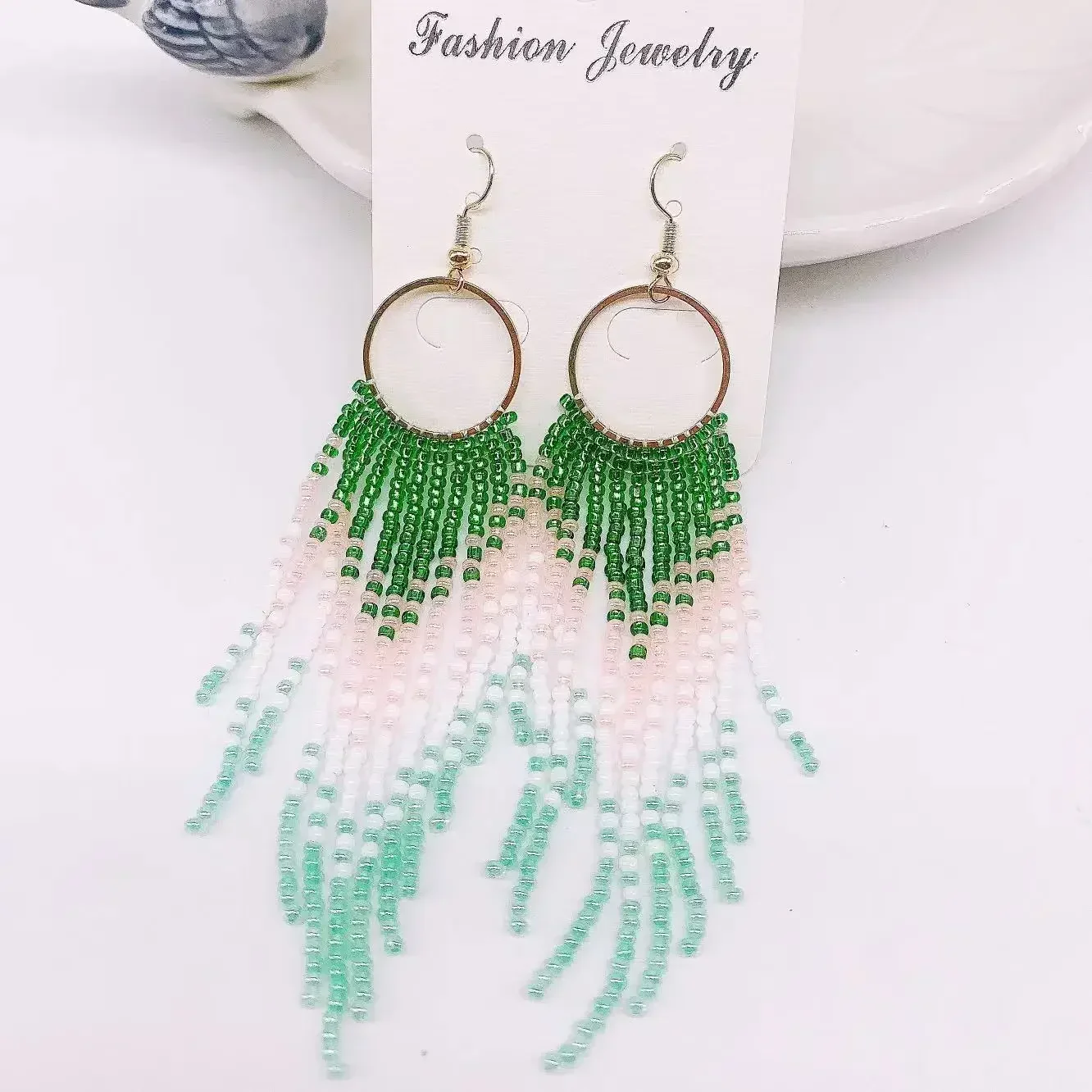 

Rice Bead Earrings Hand Knitting Circle Gradient Color Beaded Bohemia Geometry Fringe Earrings