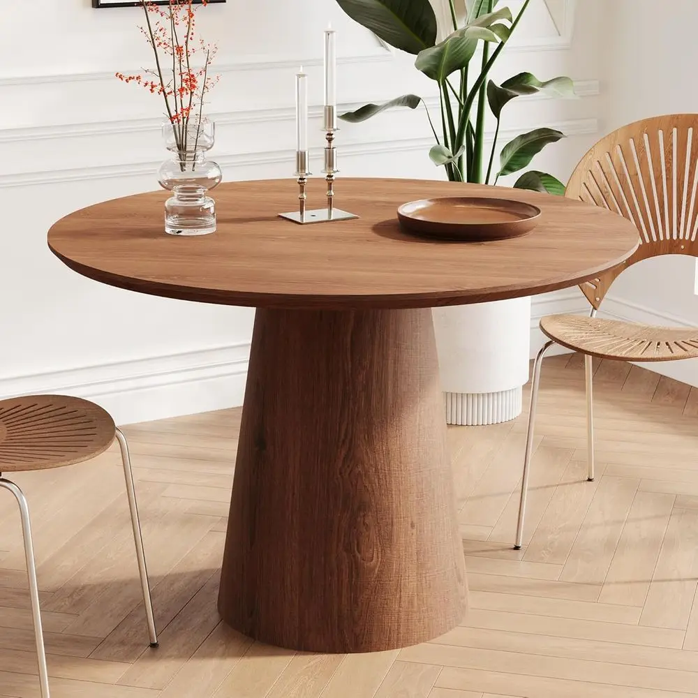 

43 Walnut Round Dining Table with Natural Wood Grain and Stable Pedestal Base