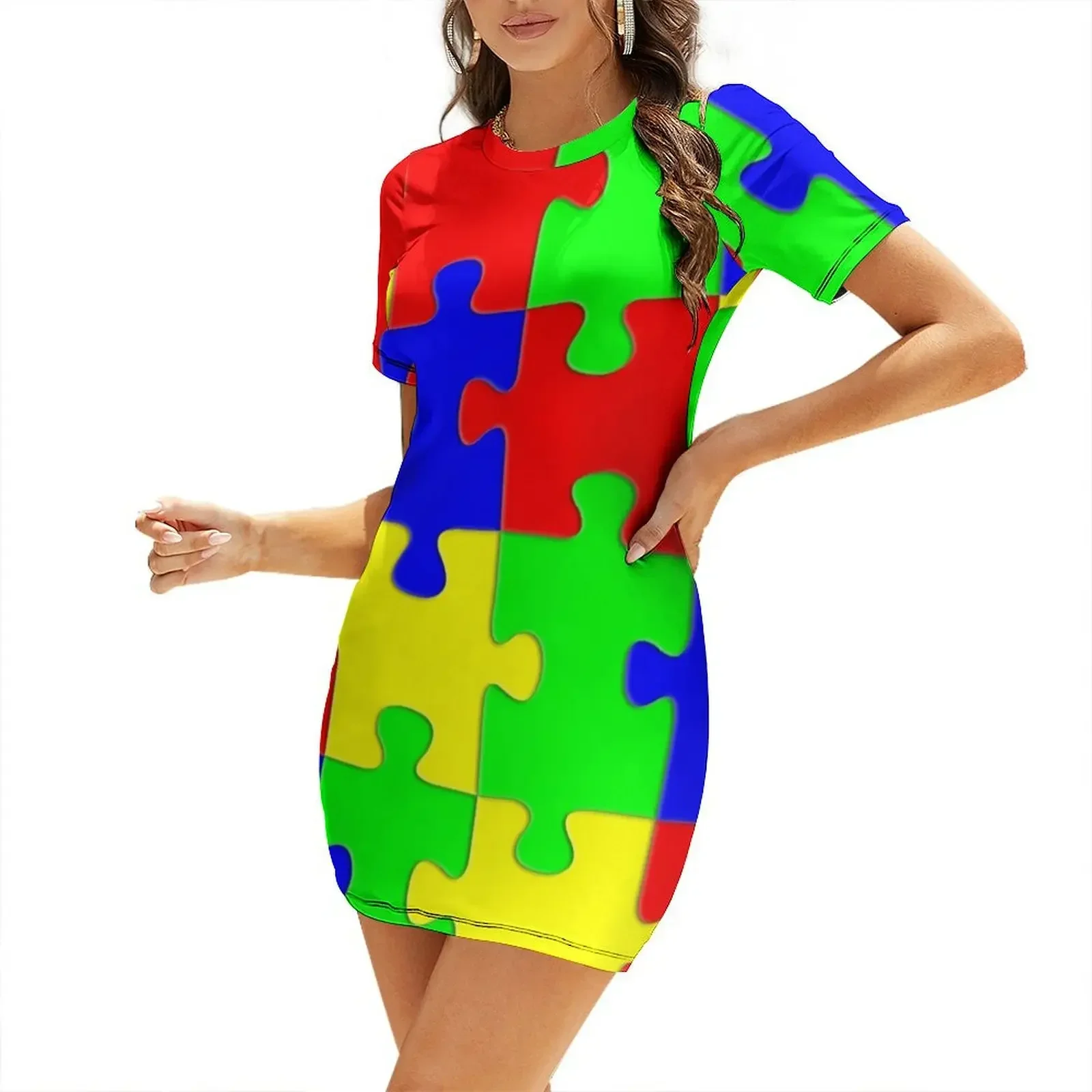

Jigsaw Puzzle Pieces Pattern Short-Sleeved Dress elegant women's sets Female dress dresses for womens 2026