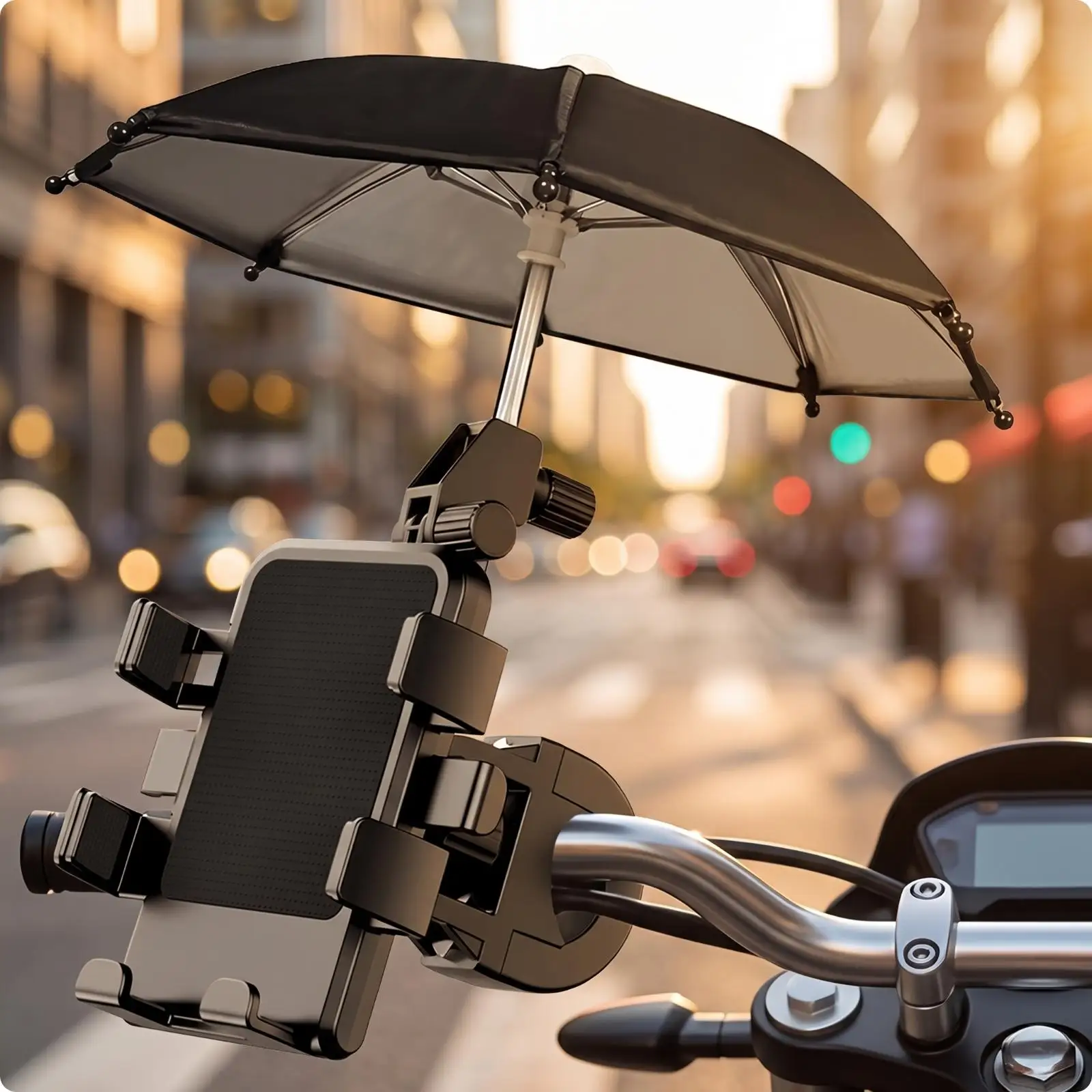 Bike Phone Holder for Bicycle with Umbrella Sun Shield Aluminum Alloy Clamp Cradle for Motorcycle Mountain Bike Secure Grip