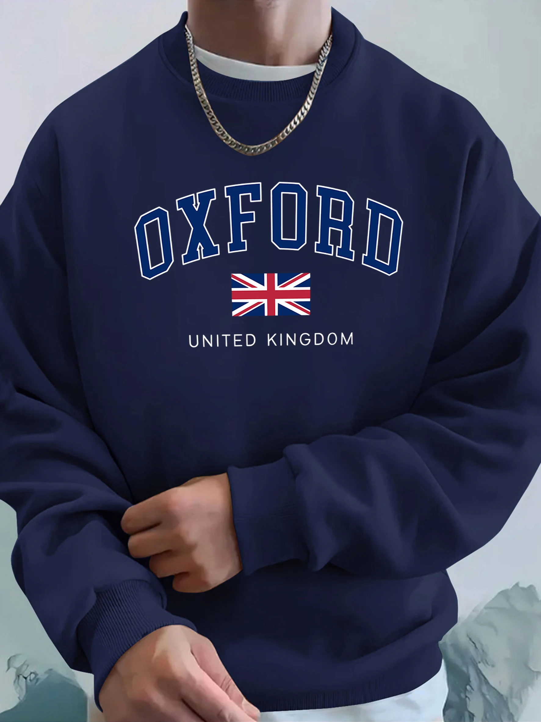 أكسفورد المملكة المتحدة رسالة وعلم مطبوعة الذكور هوديس Crewneck لينة أعلى الشارع أزياء بلوزات عارضة الخريف الرياضية