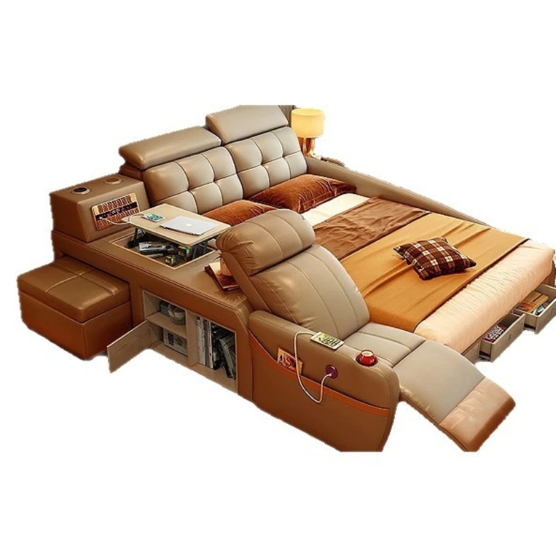 Multifunctional double leather bed, Bluetooth speaker, master bedroom massage storage, modern smart bed