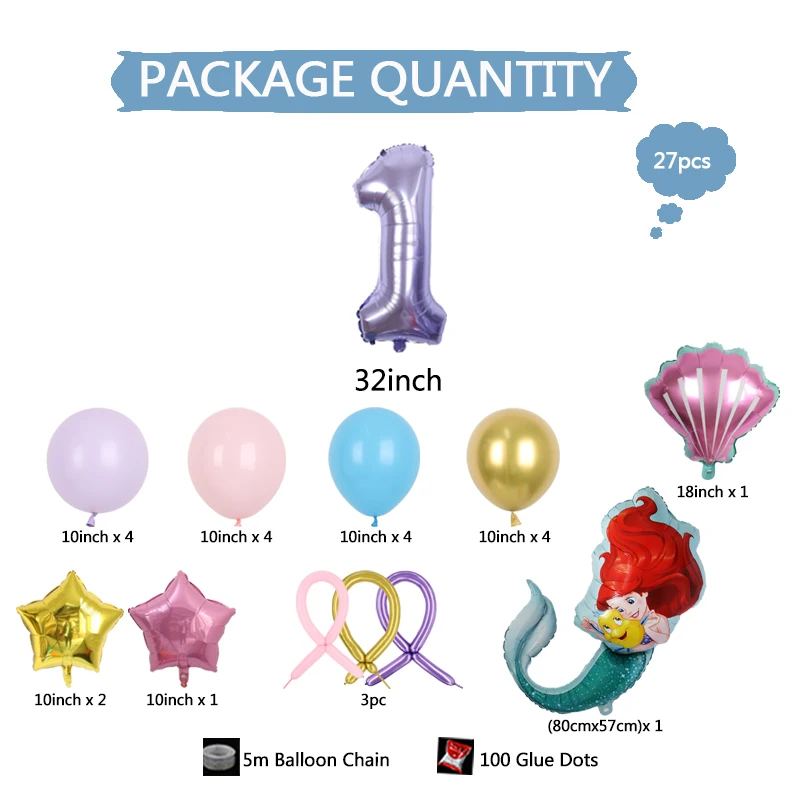 27pcs Mermaid Party Decoration Balloons Kit Under The Sea Foil Balloon Mermaid Tail Balloons for Girls Mermaid Party Baby Shower