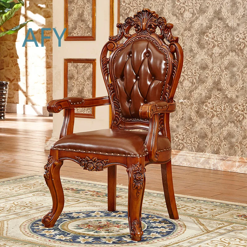 European Style Full Solid Wood Genuine Leather Tufted Armchair Dining Side Chair Luxury Fully Assembled Chair for Home Office