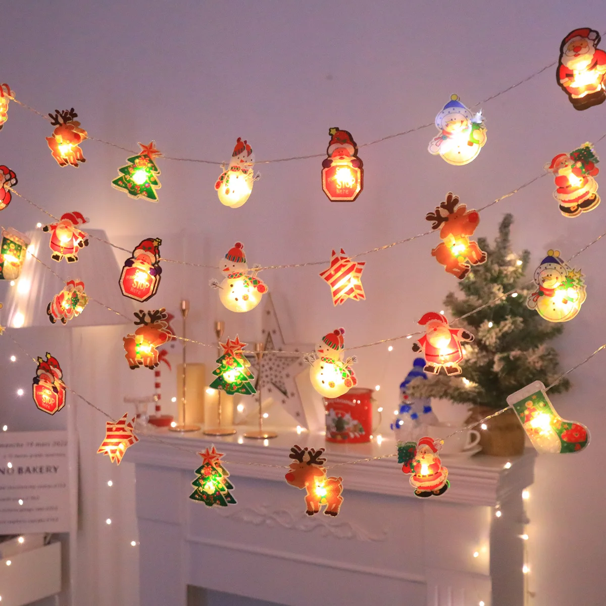 Christmas LED String Lights, Battery Powered(No Battery) 10/20LED, Santa/Snowman/Tree Design, Xmas Party Home Decoration Gift