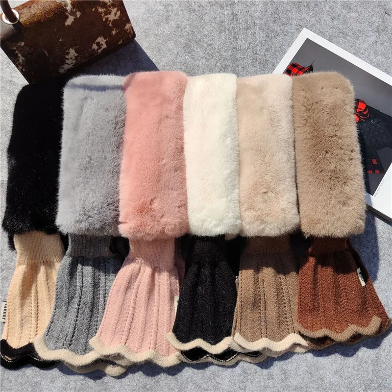 Winter Plush Scarf Woman Thick Imitation Rabbit Fur Scarf Collar Knit Cross Outdoor Cycling Windproof Neck Protect Neck Warmer